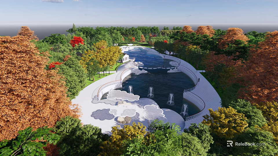 Waterfront Landscape With Fountains Colorful Trees Lush Greenery And Scenic Pathways 3d model 