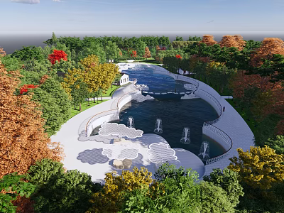 Waterfront Landscape With Fountains Colorful Trees Lush Greenery And Scenic Pathways 3d model