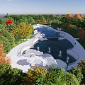 Waterfront Landscape With Fountains Colorful Trees Lush Greenery And Scenic Pathways