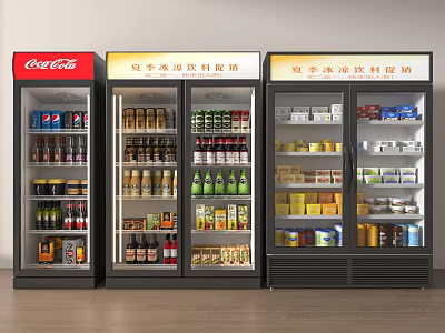 Commercial Display Refrigerators Stocked With Beverages Food Items And Coca-Cola For Summer Promotion 3d model