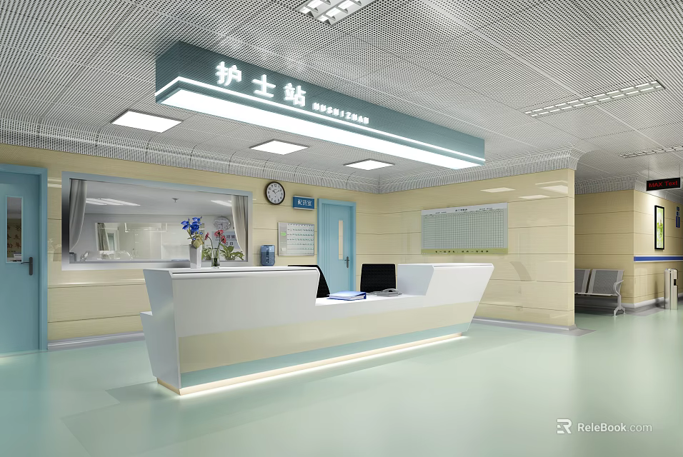 Modern Nurse Station Interior With Reception Counter Wall Clock And Seating 3d model 