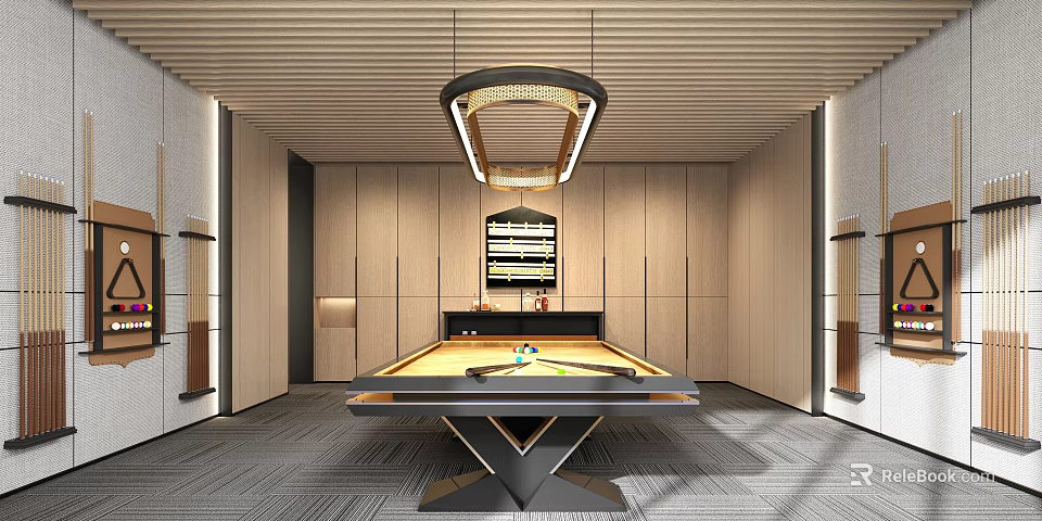 Luxury Billiard Room Interior With Wooden Cabinets Chandelier And Scoreboard 3d model 