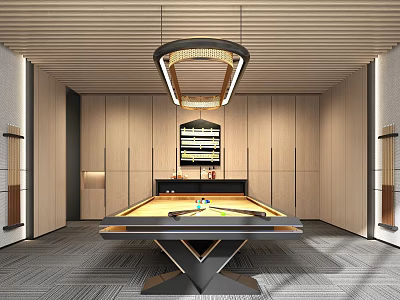 Luxury Billiard Room Interior With Wooden Cabinets Chandelier And Scoreboard 3d model
