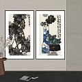 Traditional Chinese Art Paintings Hanging On Wall With Decorative Vase And Wooden Table