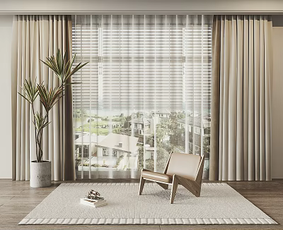 Beige Curtains With Sheer Blinds Scenic View Indoor Plant Accent Chair Woven Rug 3d model