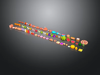 Colorful Food Models Including Fruits Vegetables Meats Desserts Arranged In A Row 3d model