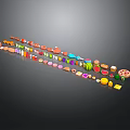 Colorful Food Models Including Fruits Vegetables Meats Desserts Arranged In A Row