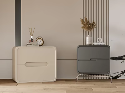 Modern Beige and Gray Bedside Tables with Aromatherapy Clock Dried Pampas Grass in Bedroom Setup 3d model