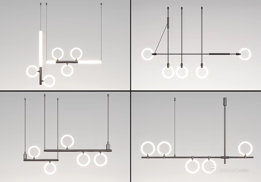 Modern Chandelier Designs with Multiple Circular Light Rings and Metal Hanging Frames 3d model