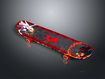 Stylish Daily Use Skateboard With Red Flame Pattern Red Wheels And Decorative Design 3d model