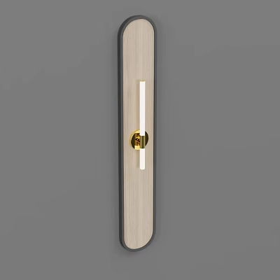 Modern Vertical Wall Lamp With Wooden Backboard Gold Circular Accent And White Light Strip 3d model