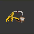 Sci Fi Game Movie Character With Yellow Mechanical Claw Rusted Metal Structure And Pipes