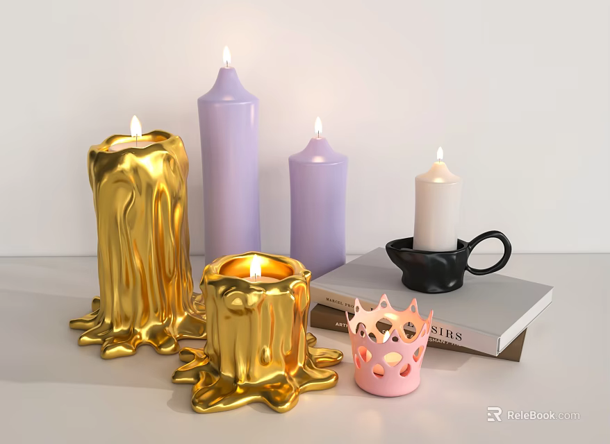 Golden Purple And White Candle Lamps With Melted Design And Pink Holder On Books 3d model 