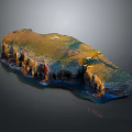 Detailed 3D Garden Landscape Model Featuring Cliffs Vegetated Terrain And Water Areas