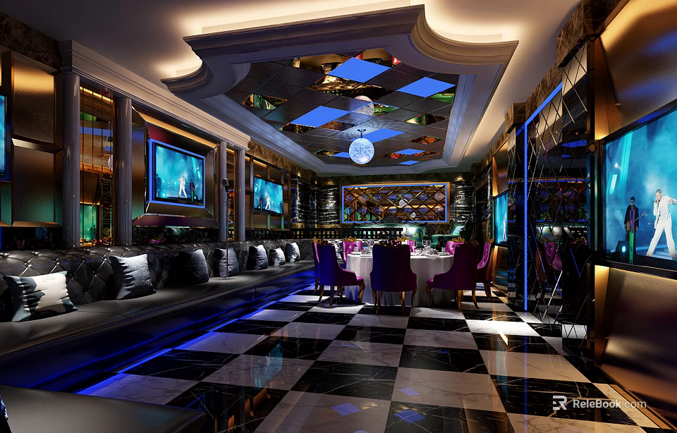Luxurious KTV Lounge Interior With Decorative Ceiling Large Screen TVs Purple Sofas And Checkered Floor 3d model
