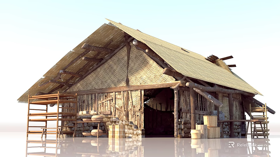 Rustic Wooden House Featuring Thatched Roof Wooden Beams Barrels And Crates 3d model 