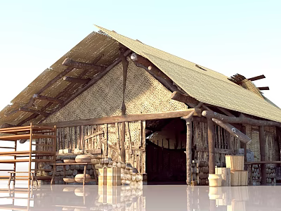 Rustic Wooden House Featuring Thatched Roof Wooden Beams Barrels And Crates 3d model