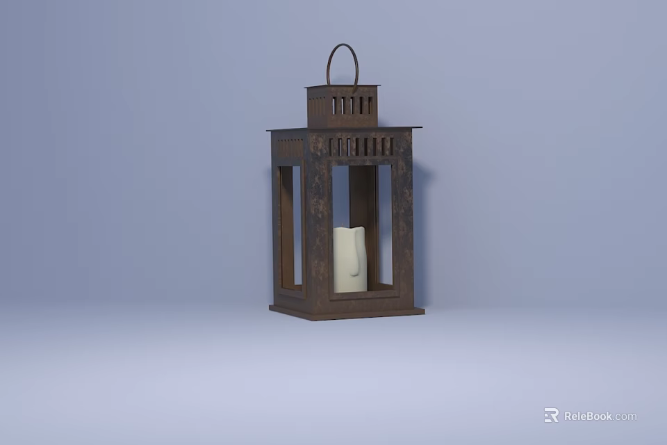 Classic Brown Lantern With Top Handle And White Candle Inside Design 3d model