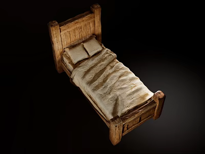 Wooden Double Bed Frame With Light Colored Sheets And Two Pillows 3d model