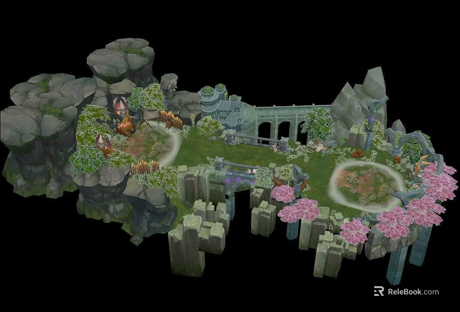 Enchanting Fantasy Landscape With Ancient Arches Pink Blossoms Rocky Cliffs And Green Meadows 3d model 
