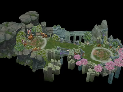 Enchanting Fantasy Landscape With Ancient Arches Pink Blossoms Rocky Cliffs And Green Meadows 3d model