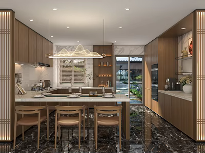Modern Oriental Kitchen Interior Design With Wooden Cabinets Marble Countertop And Dining Chairs 3d model