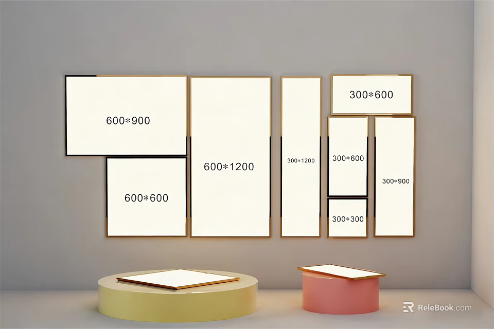 Various Size Rectangular Panels Display With Different Dimensions And Colorful Stands 3d model 