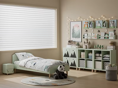 Cozy Kids Room With Light Green Bed White Blinds String Lights Storage And Panda Plush 3d model