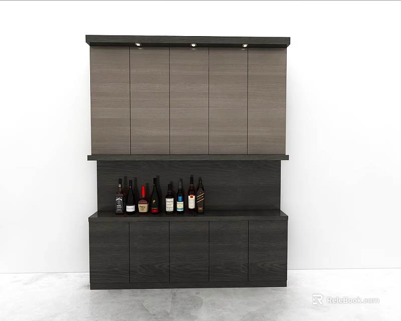 Modern Dark Gray Wine Cabinet With Upper Storage Cabinets Open Shelf And Wine Bottles 3d model 