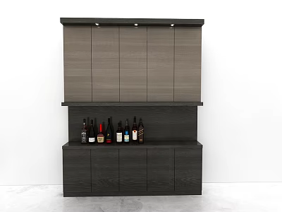 Modern Dark Gray Wine Cabinet With Upper Storage Cabinets Open Shelf And Wine Bottles 3d model