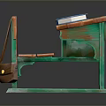Wooden School Desk With Green Metal Legs Matching Bench Blue Book And Brown Satchel