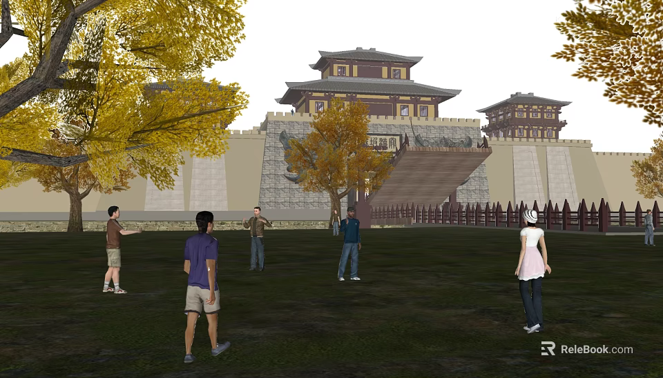 Ancient Chinese Architecture With Pavilion City Wall Autumn Trees And People Walking On Grass 3d model 