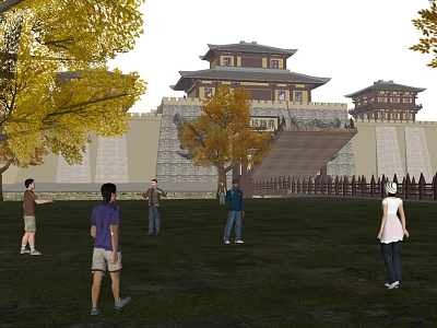 Ancient Chinese Architecture With Pavilion City Wall Autumn Trees And People Walking On Grass 3d model