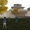 Ancient Chinese Architecture With Pavilion City Wall Autumn Trees And People Walking On Grass