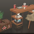 Wooden Desk Setup With Beige Chair Floral Chest Potted Plant And Decorative Items