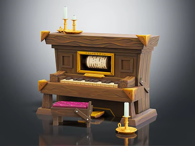 Vintage Wooden Organ Painting Tools With Keyboard Candlesticks And Pink Stool 3d model