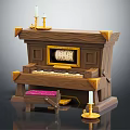Vintage Wooden Organ Painting Tools With Keyboard Candlesticks And Pink Stool
