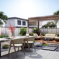 Stylish Courtyard Garden Design With Wooden Pergola Outdoor Furniture Stone Paving And Green Plants