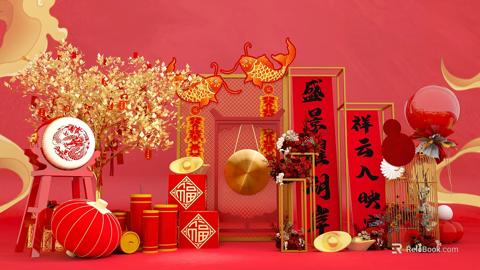 Traditional Chinese New Year Decorations With Red Background Golden Ornaments Lanterns And Fu Characters 3d model 