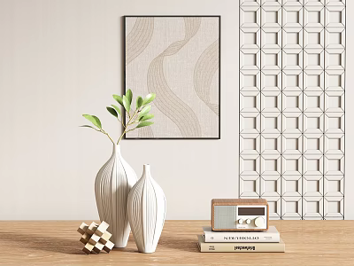 Decorative Ornament Set Featuring White Vases Olive Branch Geometric Decor Vintage Radio And Books 3d model