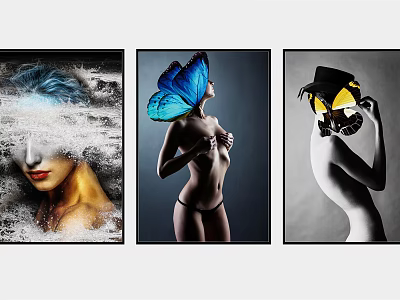 Portrait Paintings of Women with Abstract Waves Butterfly Wings and Mask Elements 3d model