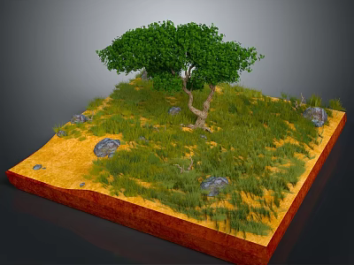 Realistic Landscape Model With Green Tree Grass Stones And Red Base 3d model