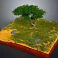 Realistic Landscape Model With Green Tree Grass Stones And Red Base