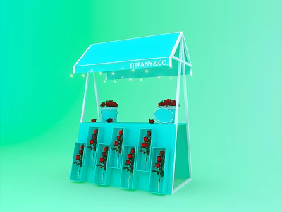 FRANCOCO Blue Kiosk With Flower Bouquets Display Racks And String Lights On Green Background 3d model