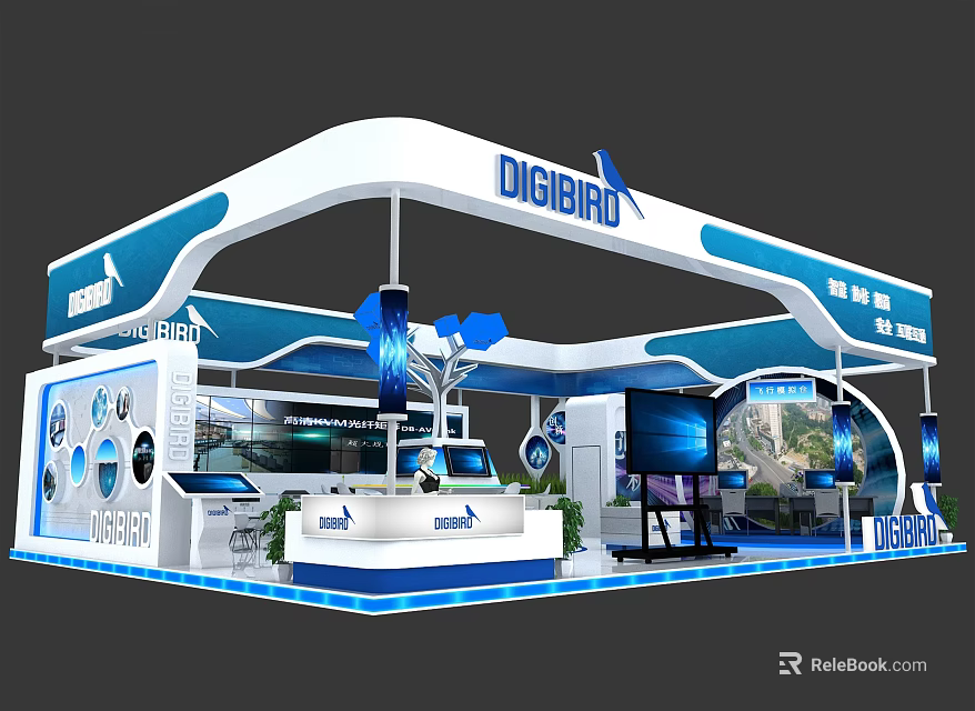 DIGIBIRD Modern Exhibition Booth With Blue White Design Display Screens And Reception Counter 3d model 