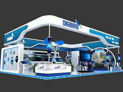 DIGIBIRD Modern Exhibition Booth With Blue White Design Display Screens And Reception Counter 3d model
