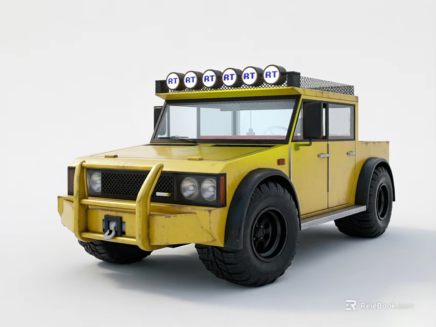 Yellow Off Road Car With Roof Mounted Lights Large Black Tires And Sturdy Design 3d model 