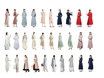 Multiple People Wearing Traditional Dresses In Various Colors And Styles 3d model