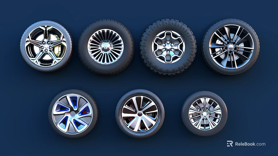 Car Tires With Various Stylish Alloy Wheel Designs Displayed On Dark Background 3d model 