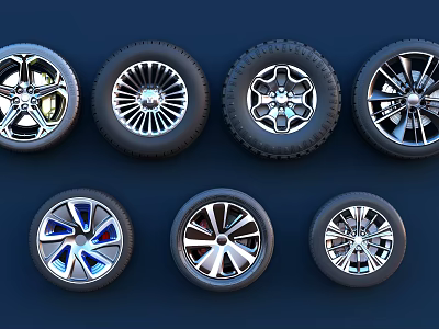 Car Tires With Various Stylish Alloy Wheel Designs Displayed On Dark Background 3d model